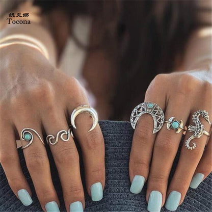 6pcs  Bohemia Silver Moon Wave Rings Set