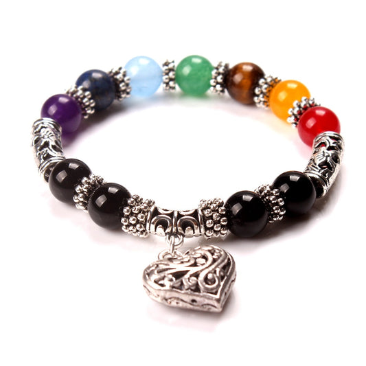 7 Chakra  Healing Crystals Stone  Heart Charm Bracelet