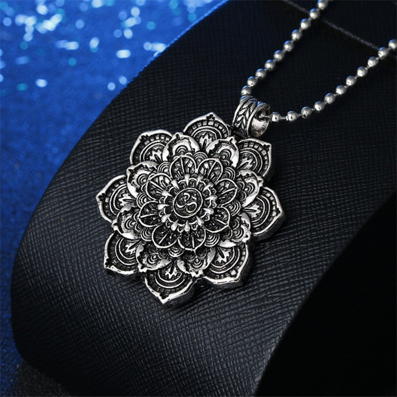 Vintage Mandala Lotus Flower Pendant Necklaces For Women