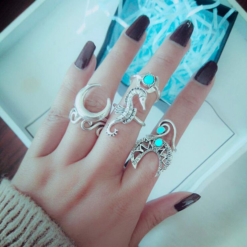 6pcs  Bohemia Silver Moon Wave Rings Set