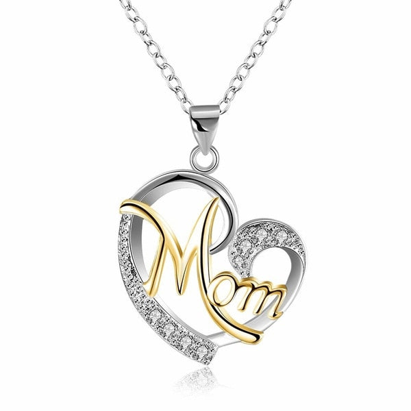 MOM Heart Shape Inlaid Crystal Pendant Necklace