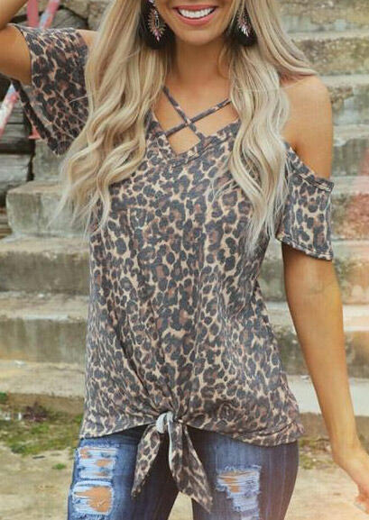 Women  Leopard Printed Cold Shoulder Tops For Summer