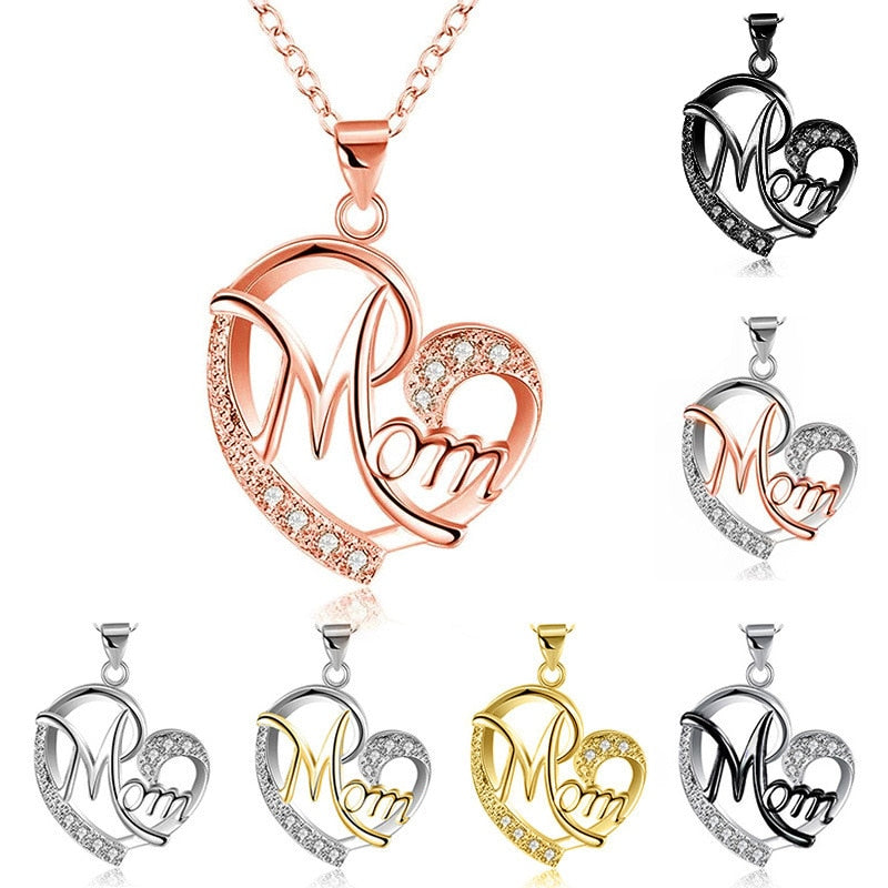 MOM Heart Shape Inlaid Crystal Pendant Necklace