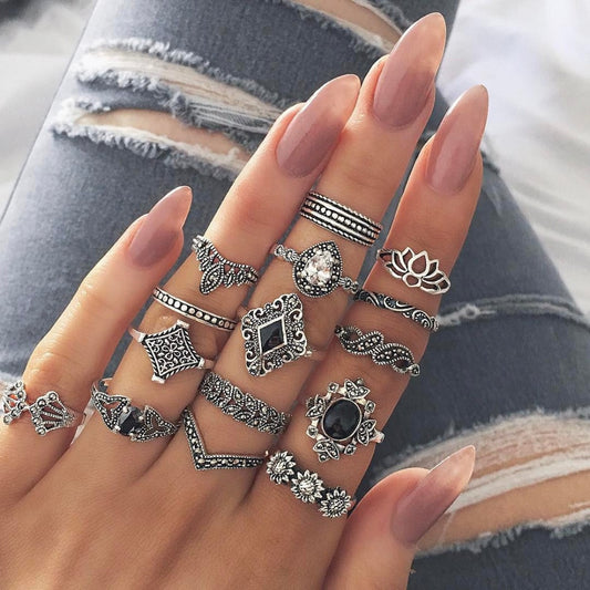 15 Pcs set Bohemian Silver Ring Set Women