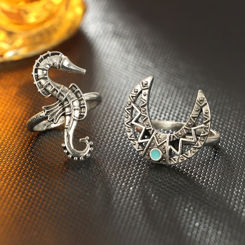 6pcs  Bohemia Silver Moon Wave Rings Set