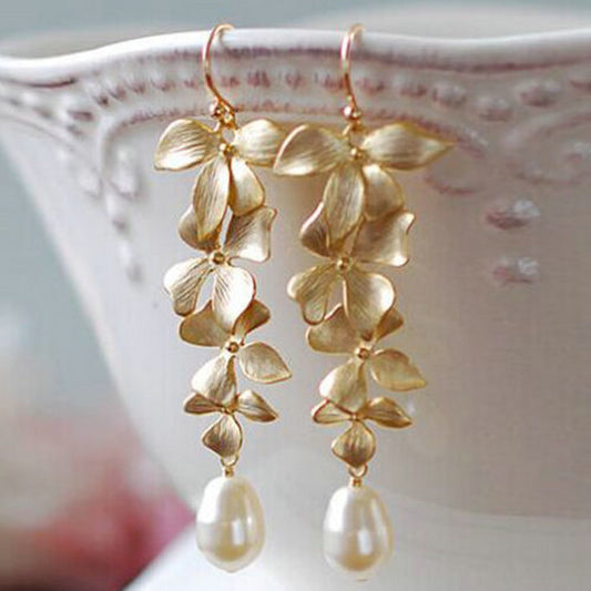 Women Gold Orchid Flower Pendant Long Dangle Hook Earrings