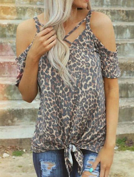 Women  Leopard Printed Cold Shoulder Tops For Summer