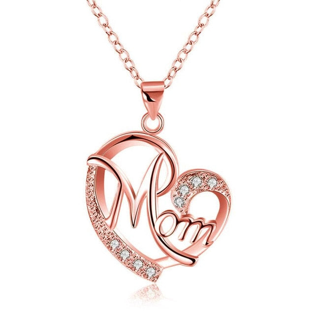 MOM Heart Shape Inlaid Crystal Pendant Necklace