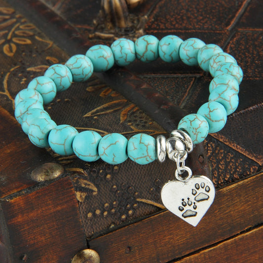 Animal Footprint Blue Bead Pendant Bracelet