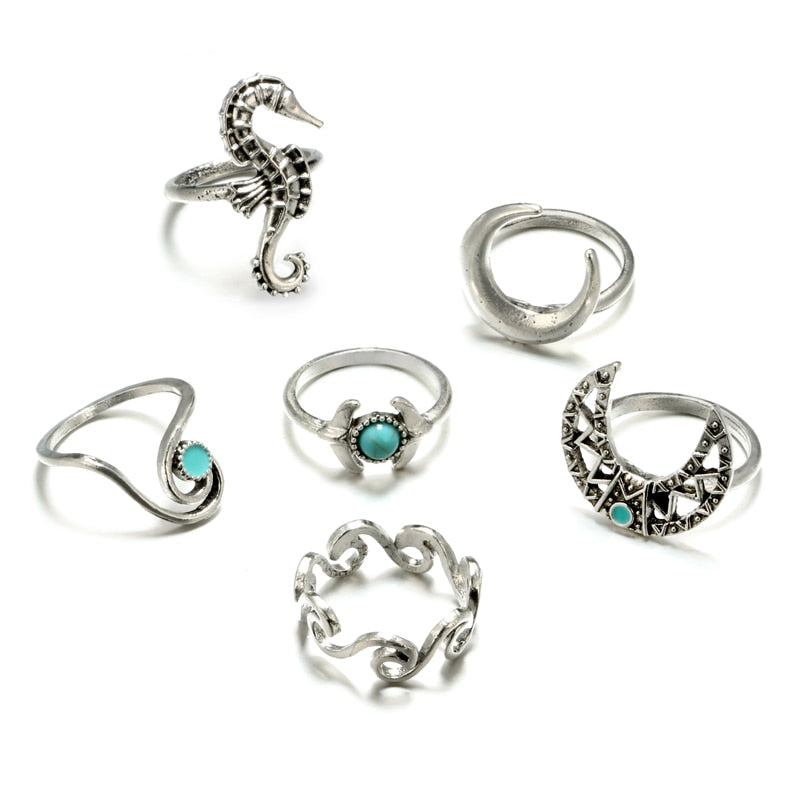 6pcs  Bohemia Silver Moon Wave Rings Set