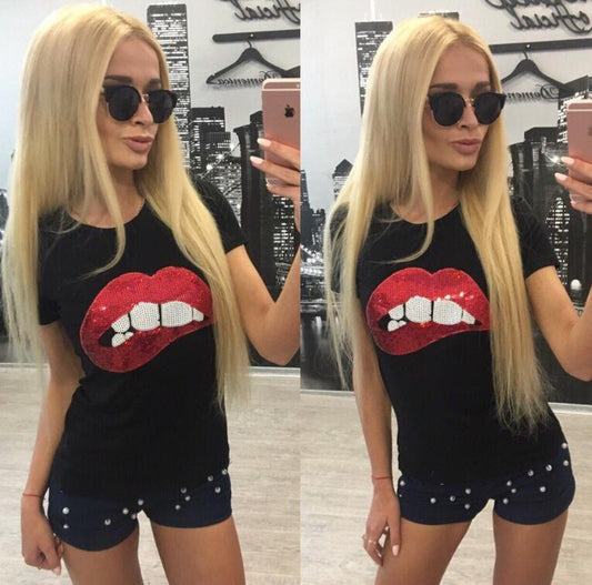 Women Sequins Lips Short-sleeved T-shirt