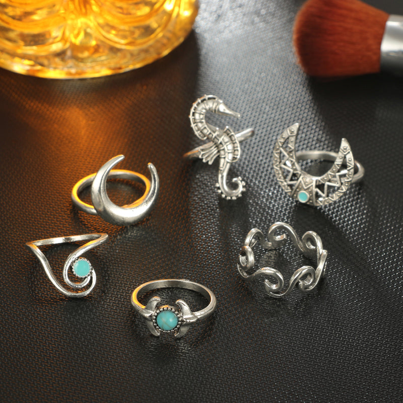 6pcs  Bohemia Silver Moon Wave Rings Set