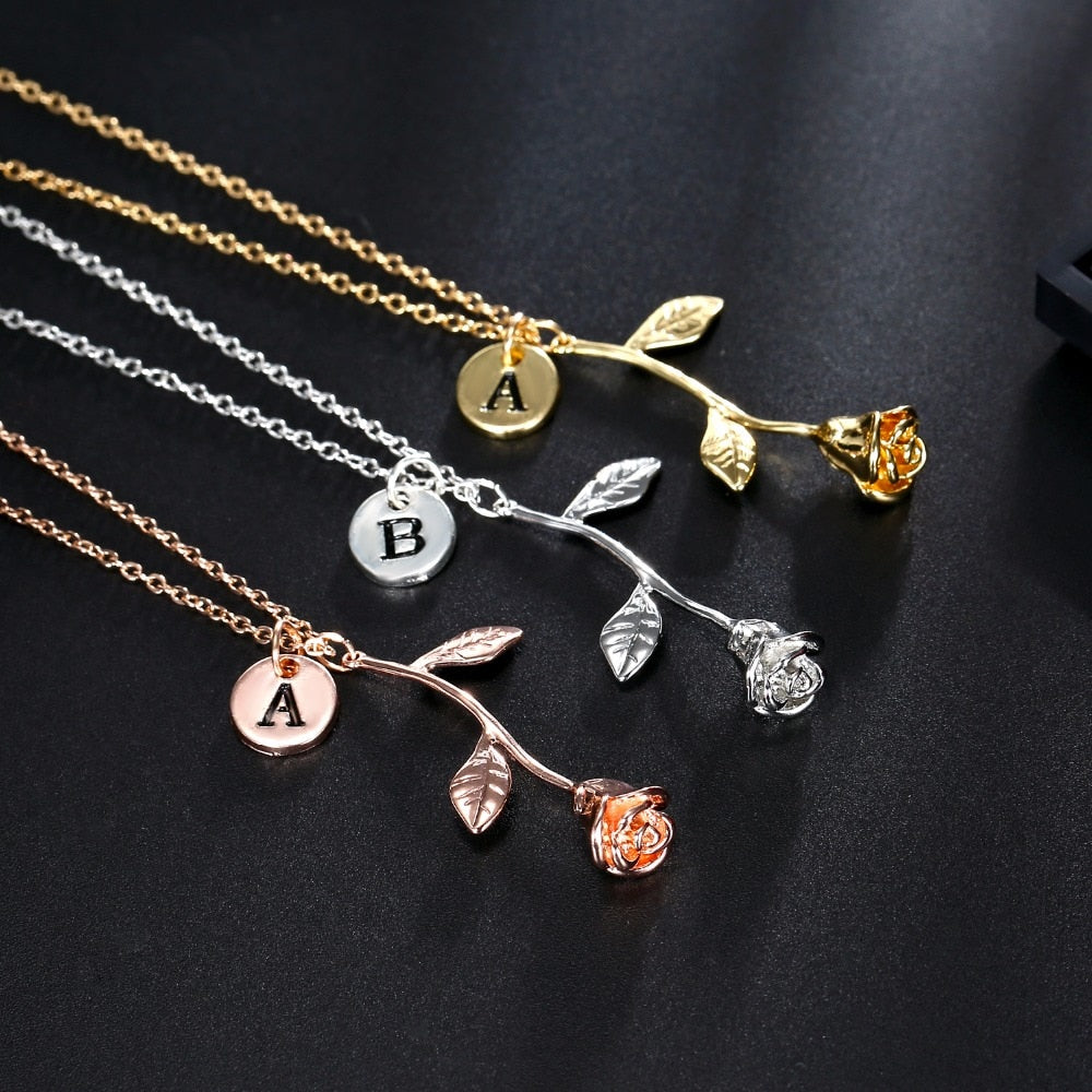 English Letter Exquisite Rose Pendant Necklace