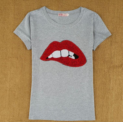 Women Sequins Lips Short-sleeved T-shirt