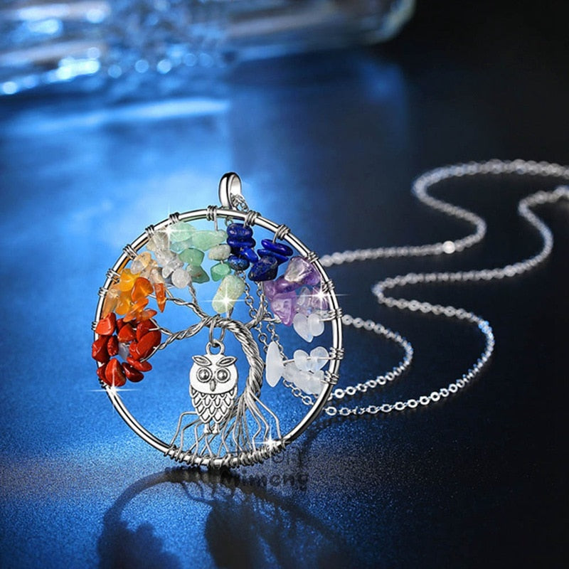 Tree Of Life Inlay Owl Wisdom Pendant Necklace Jewelry