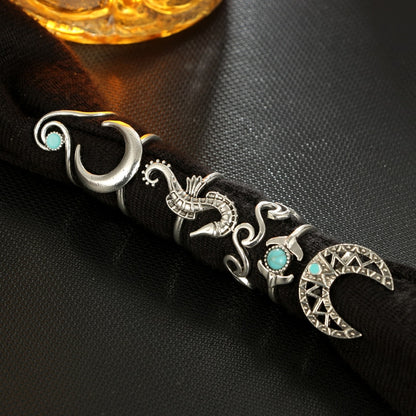 6pcs  Bohemia Silver Moon Wave Rings Set