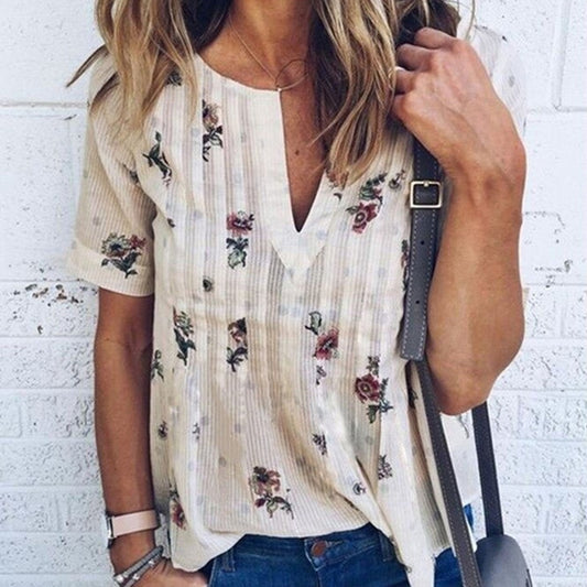 Floral V-Neck Short Sleeve Tops