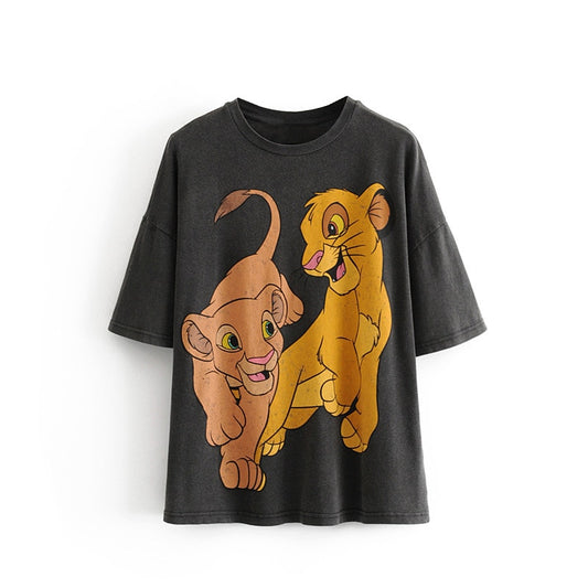 Women T Shirt Fashion Cartoon Lion king print Tee Summer O neck Short sleeve Gray Shirt Casual Female Tops